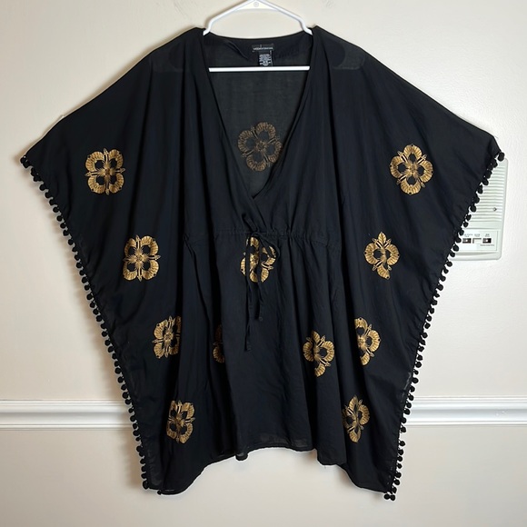 Moda International Black Tunic with Gold Hibiscus Blossoms, Size Medium - Picture 1 of 10
